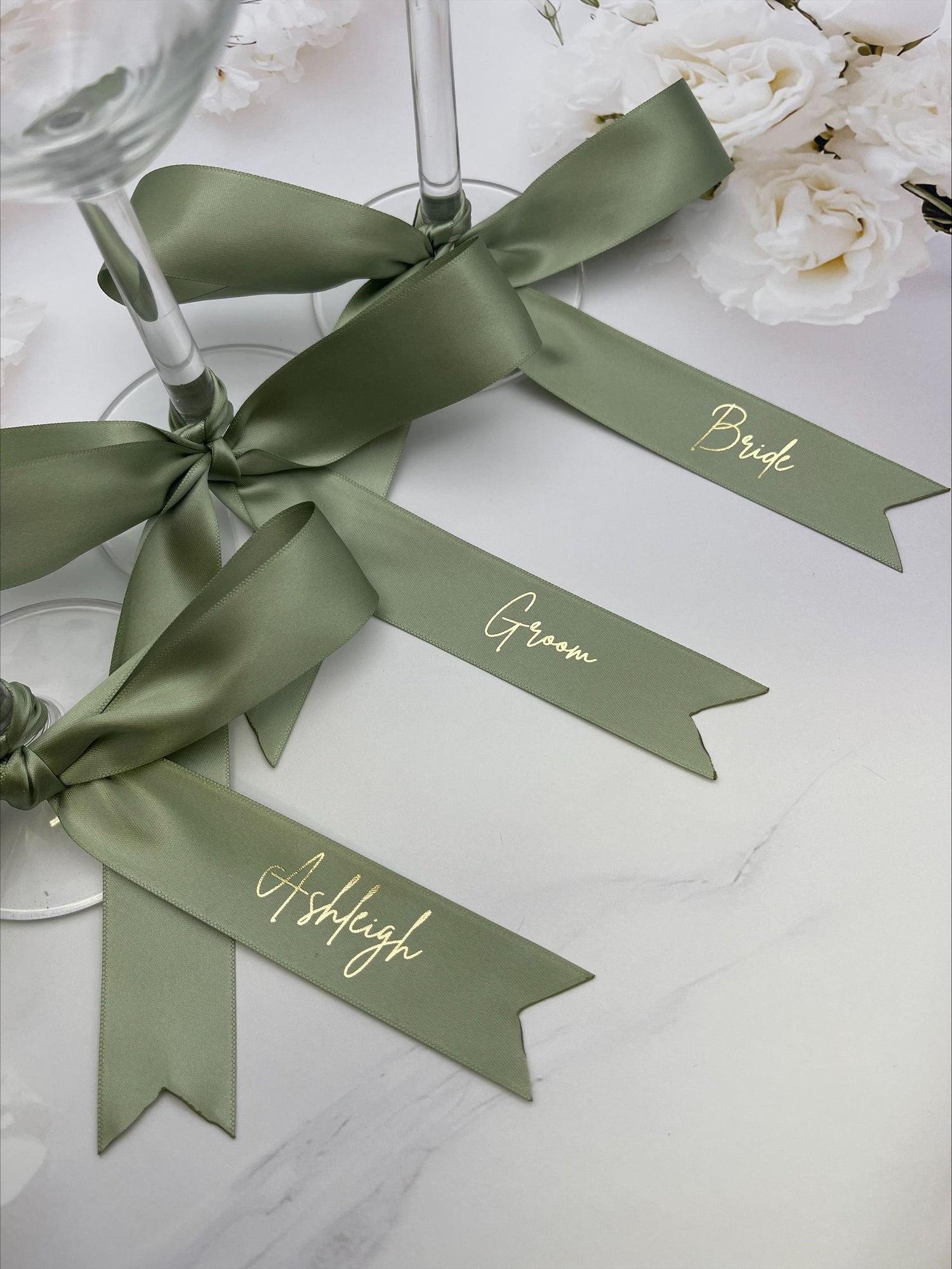 Personalised Ribbon Place Setting, Sage Green Ribbon Gold Foil print