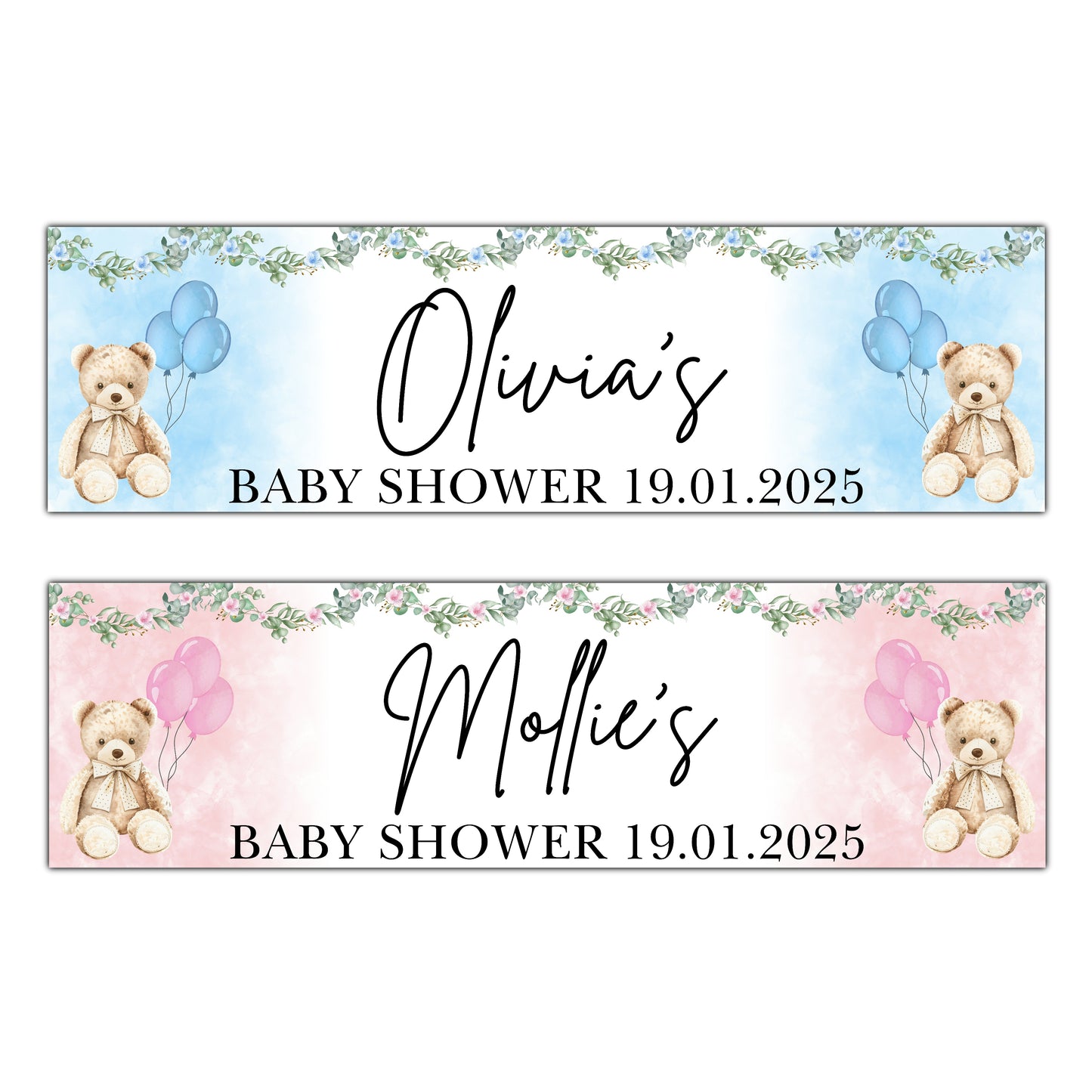 Baby Shower Personalised Teddy Bear and Flowers Banner Pink or Blue