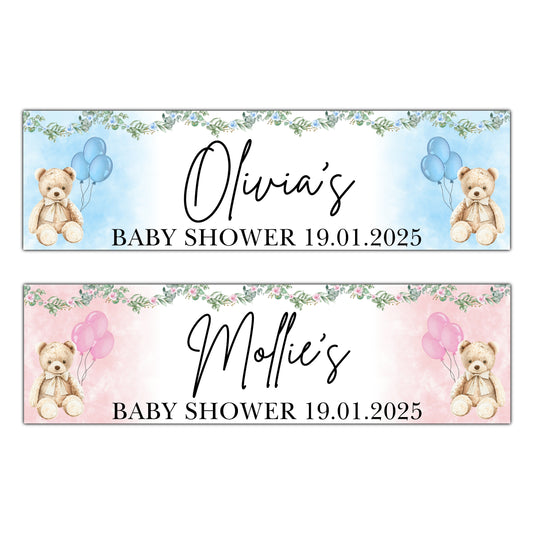 Baby Shower Personalised Teddy Bear and Flowers Banner Pink or Blue