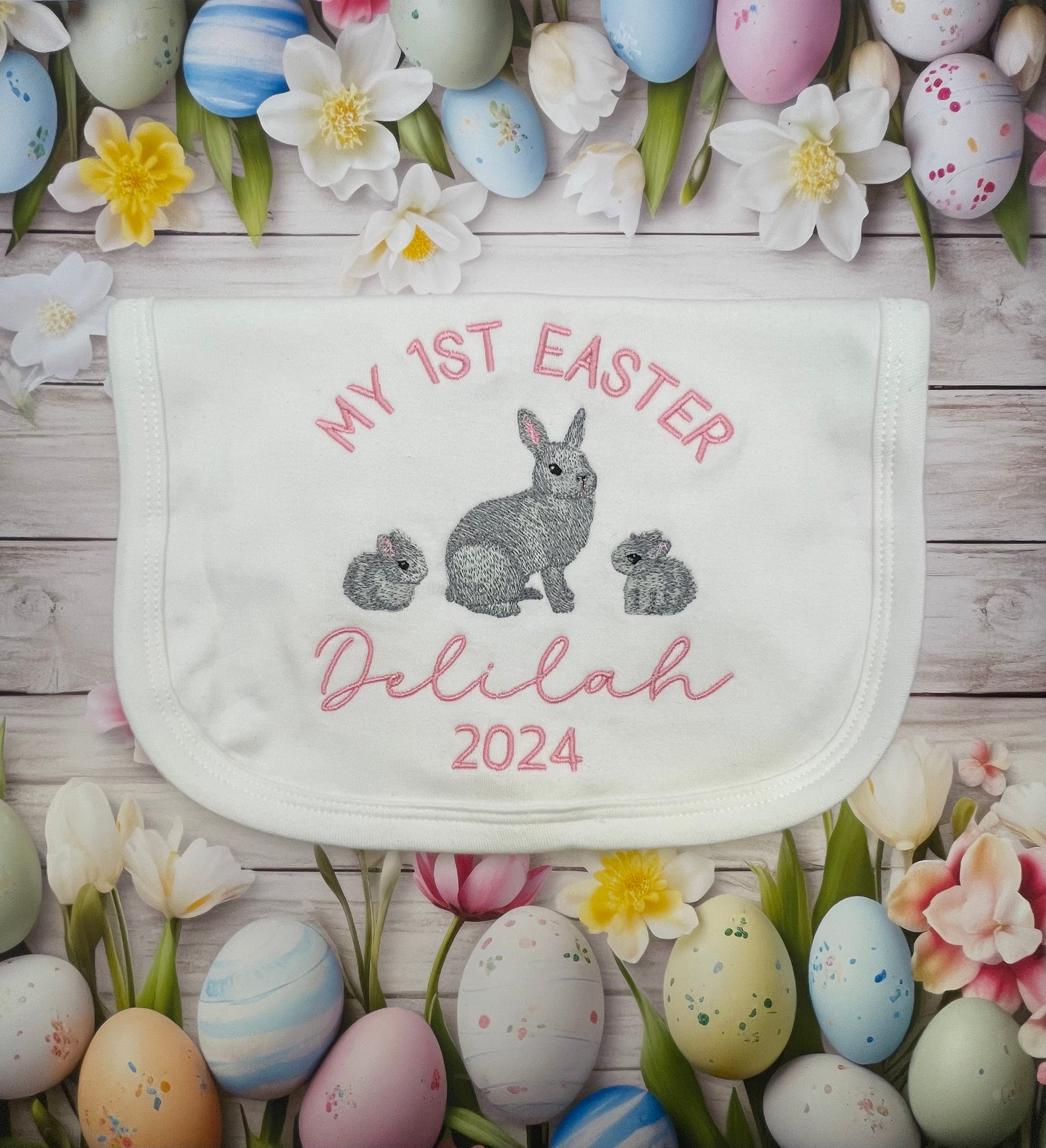 Personalised My 1st Easter Bib Rabbits Pink