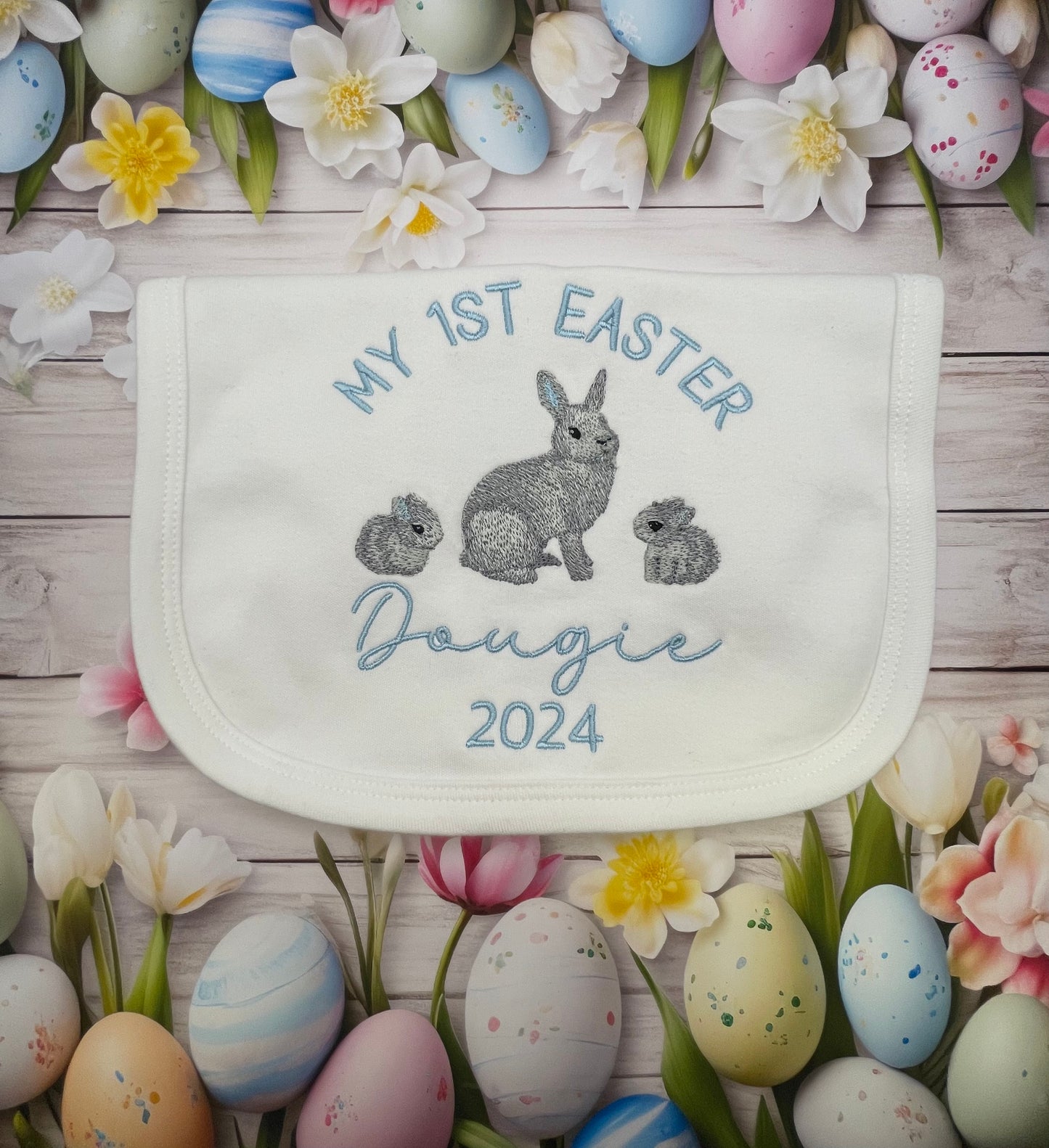 Personalised My 1st Easter Rabbits Bib Blue