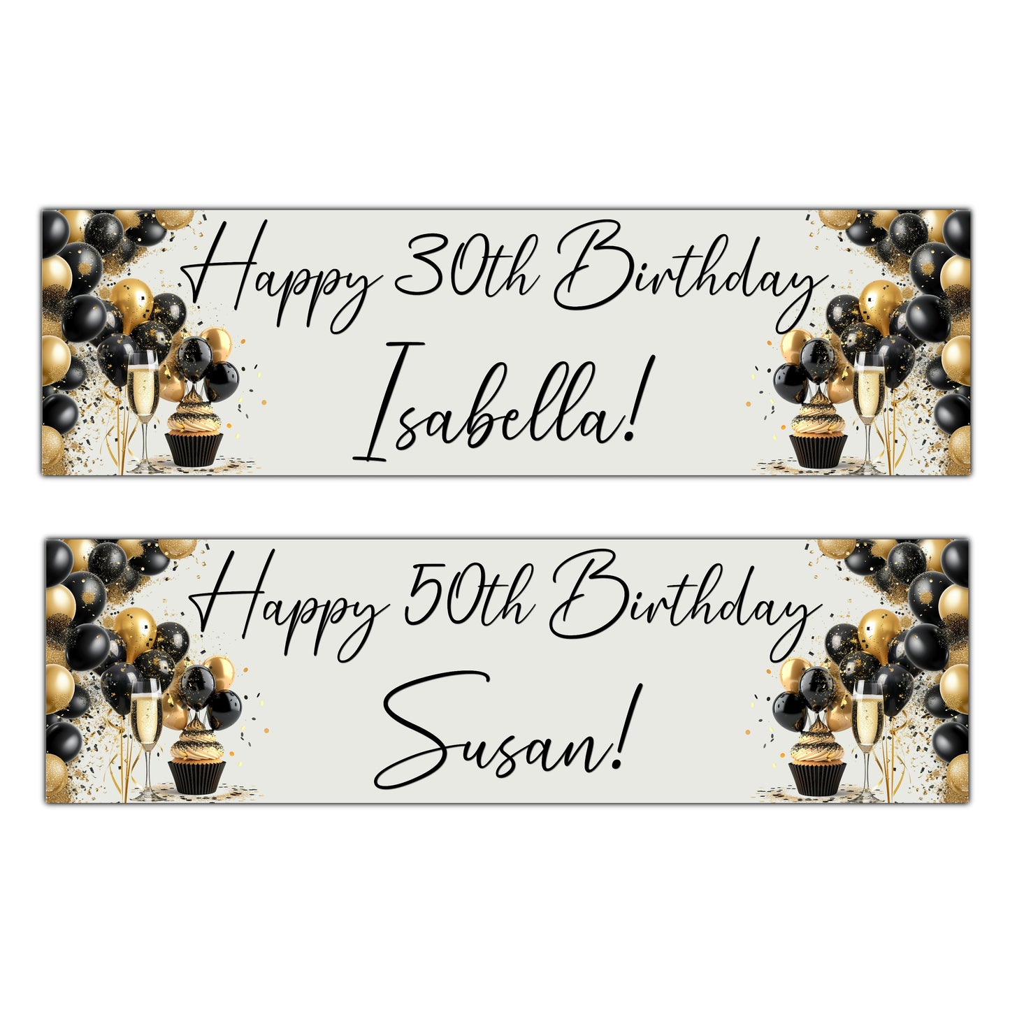 Black and Gold Personalised Birthday Party Celebration Banner 2 sizes available