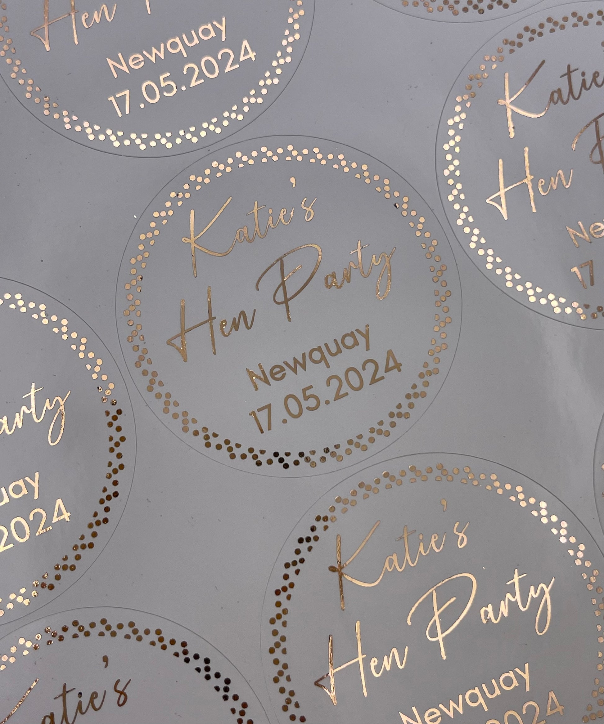 Hen Party Dotted Edge Foiled Personalised Stickers Rose Gold