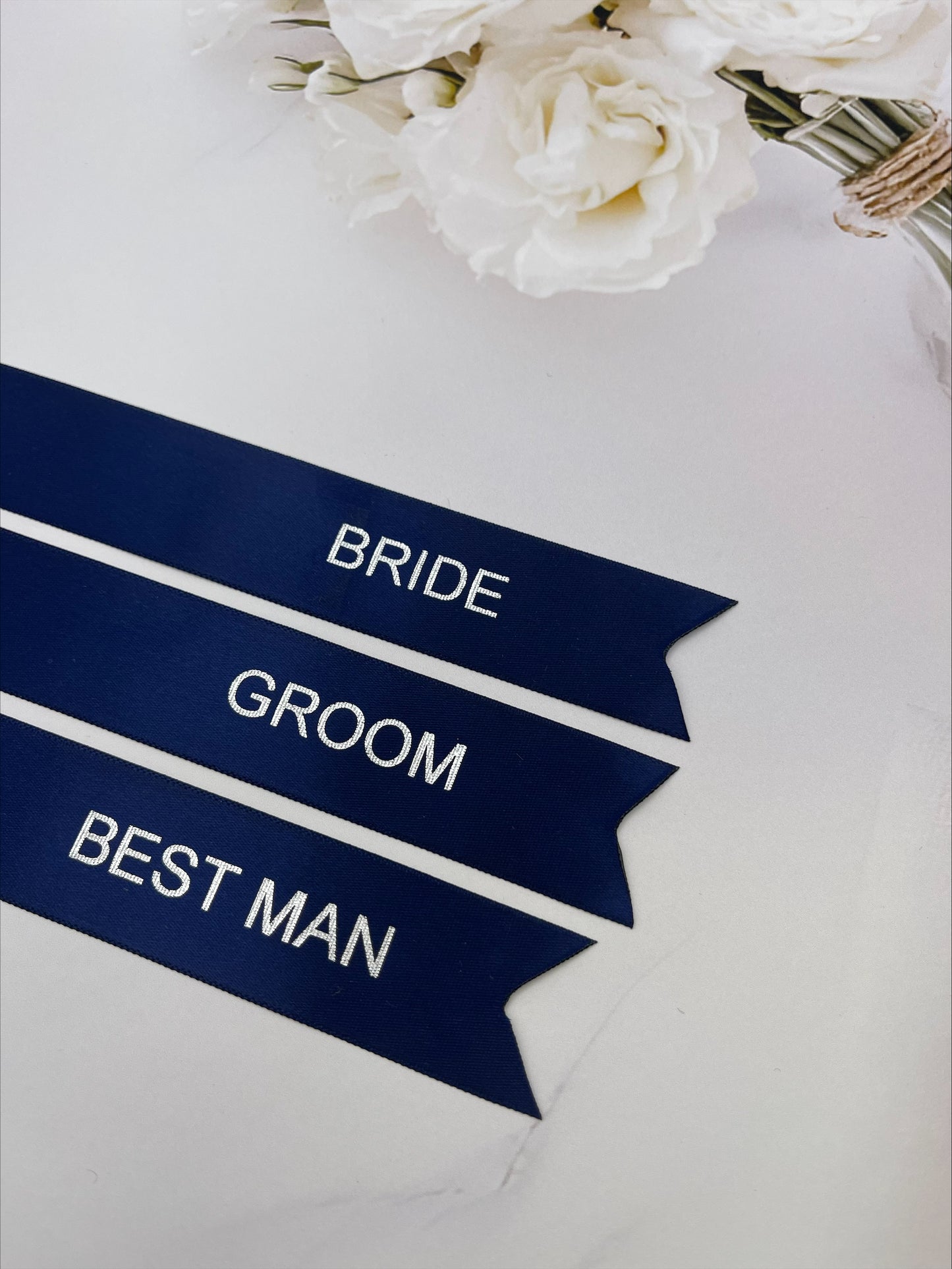 Personalised Ribbon Place Setting Navy Blue Silver Foil