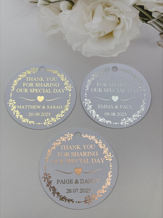 Wedding Wreath Foiled Tag Round 50mm Personalised With Name and Date