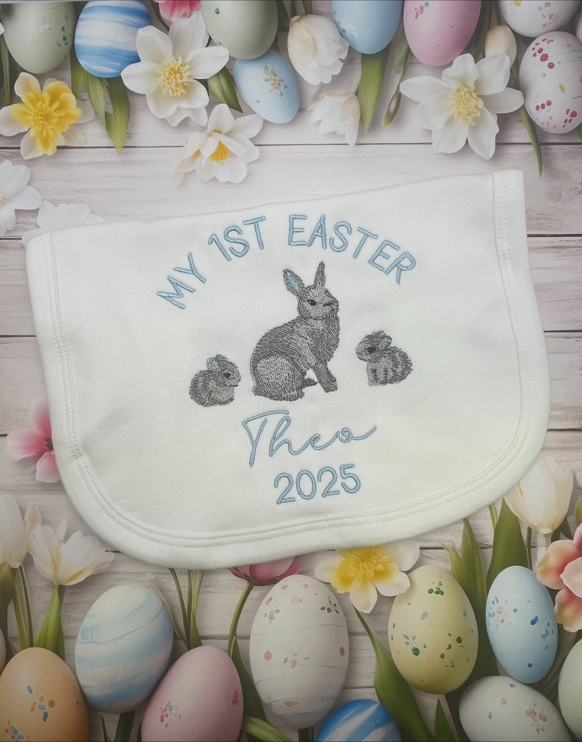 Personalised My 1st Easter Rabbits Bib Blue