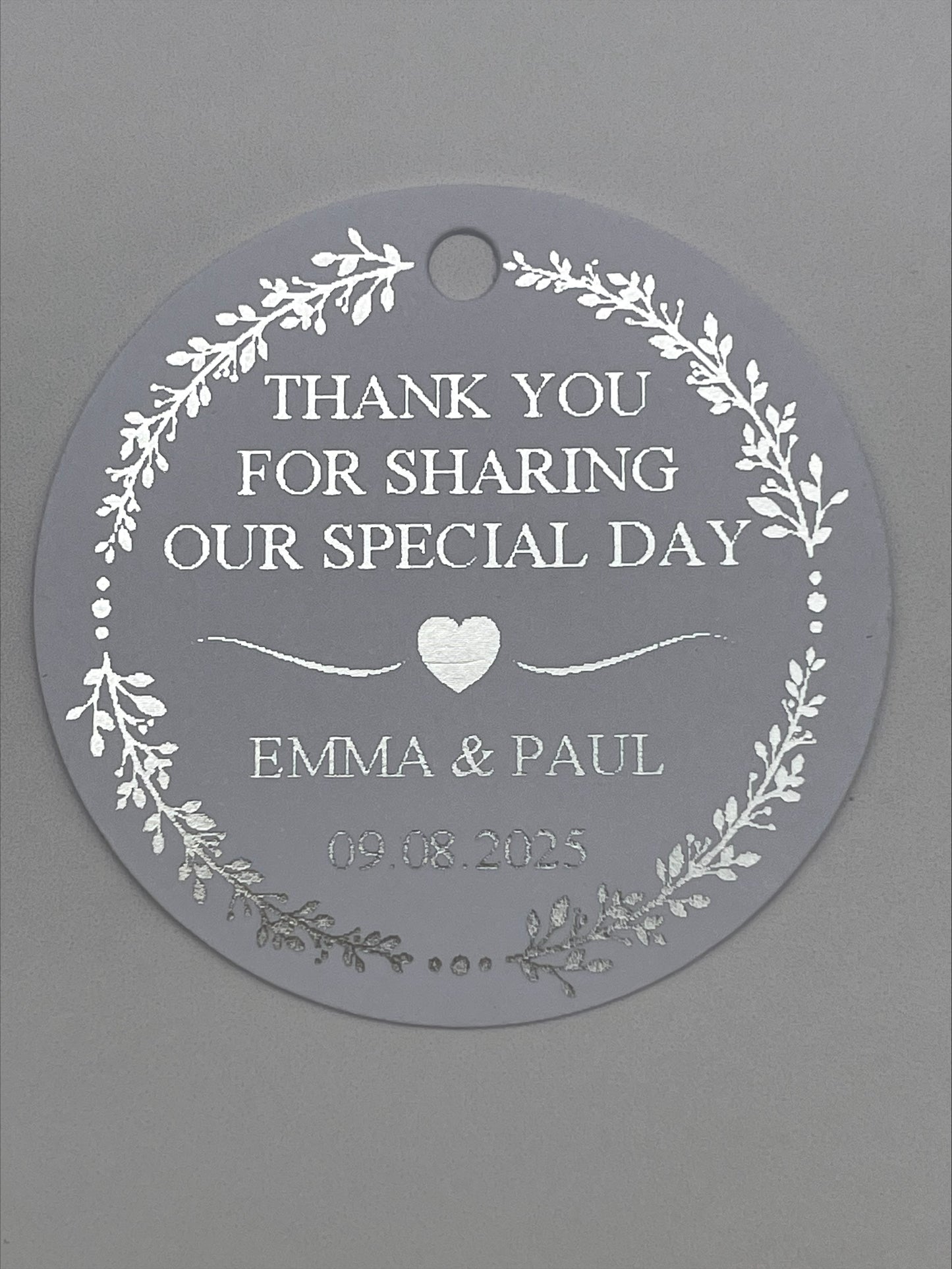 Wedding Wreath Foiled Tag Round 50mm Personalised With Name and Date