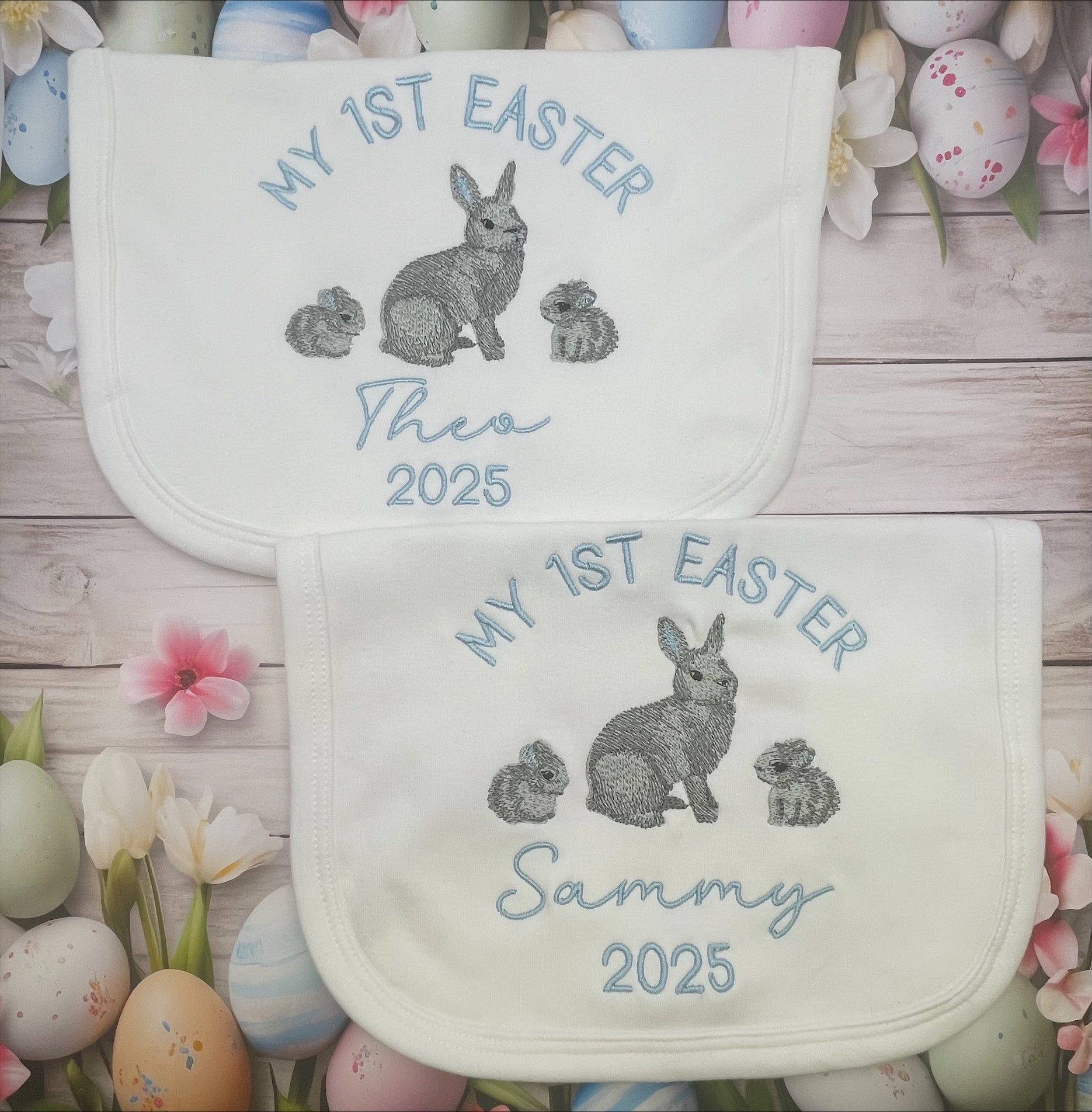 Personalised My 1st Easter Rabbits Bib Blue