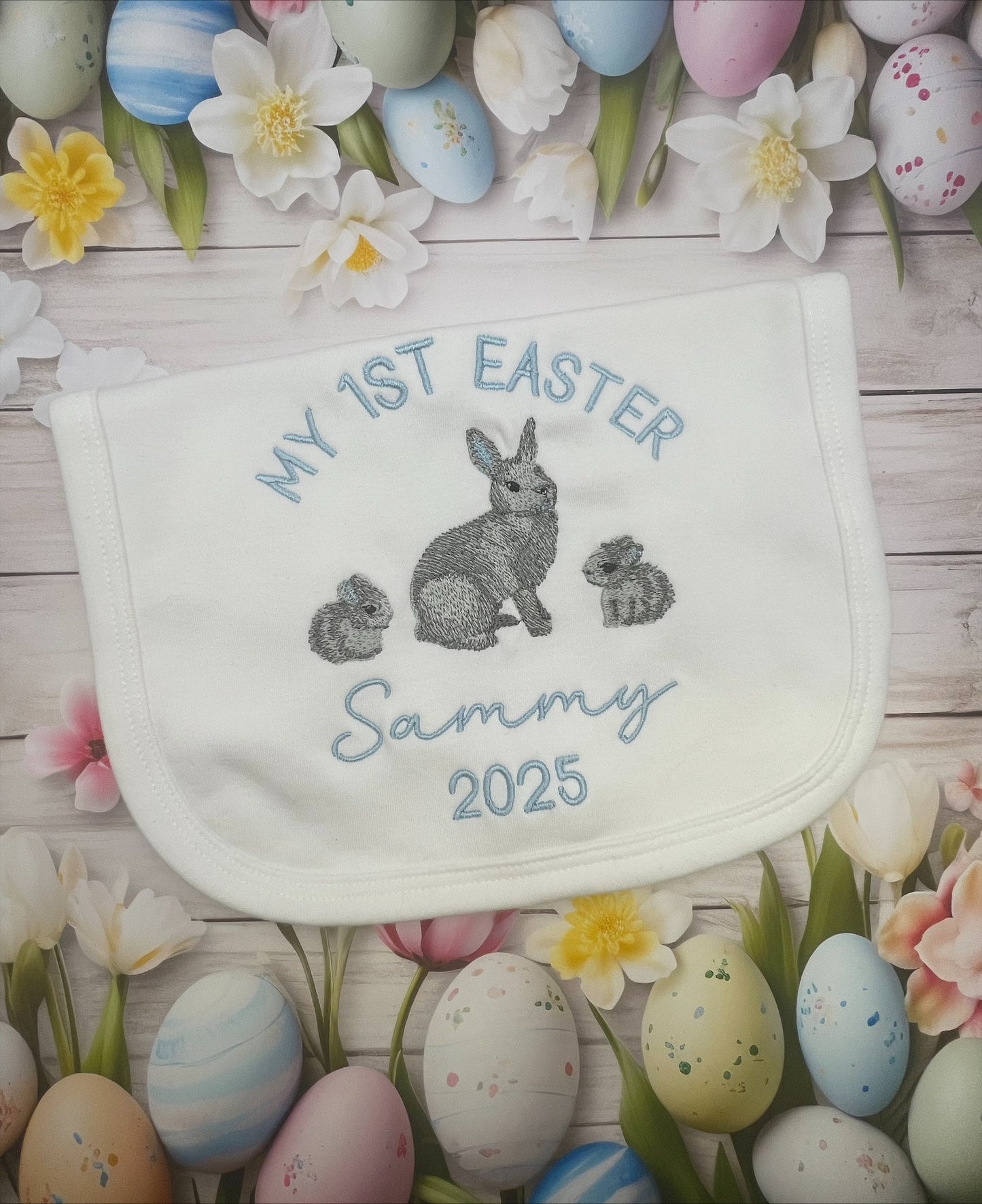 Personalised My 1st Easter Rabbits Bib Blue