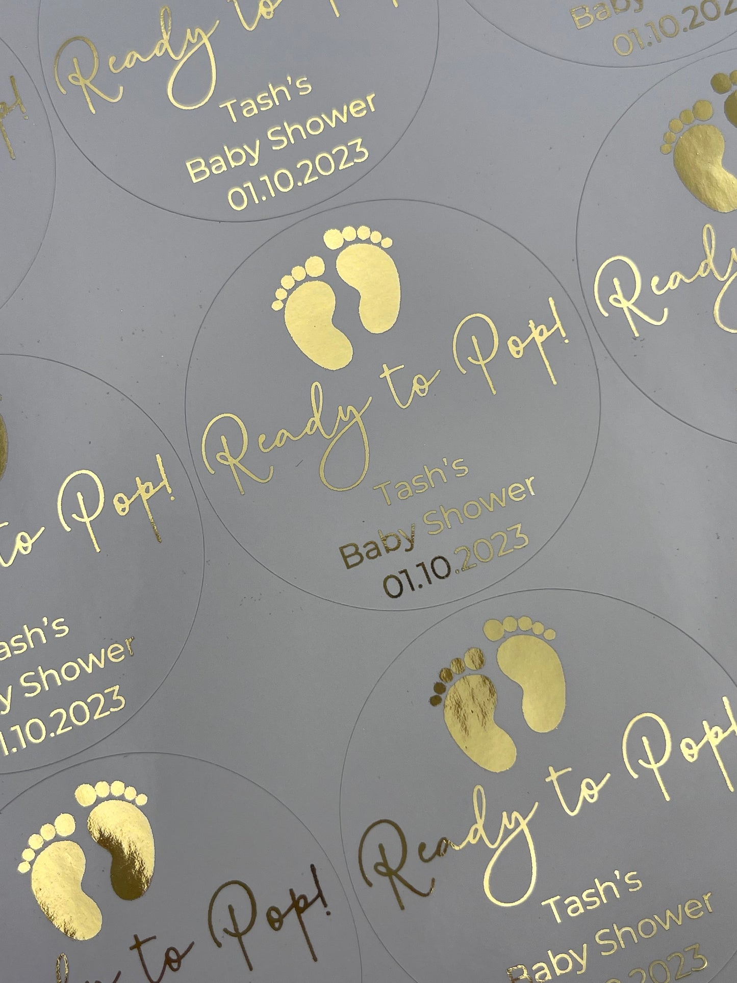 Ready to Pop! Baby Shower Personalised foiled 50mm round stickers for favours, cake boxes, gift bags etc