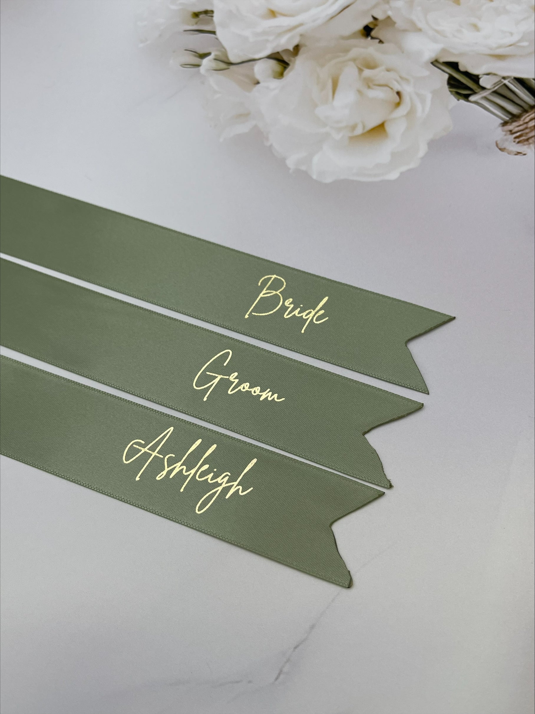 Personalised Ribbon Place Setting Sage Green Gold Foil